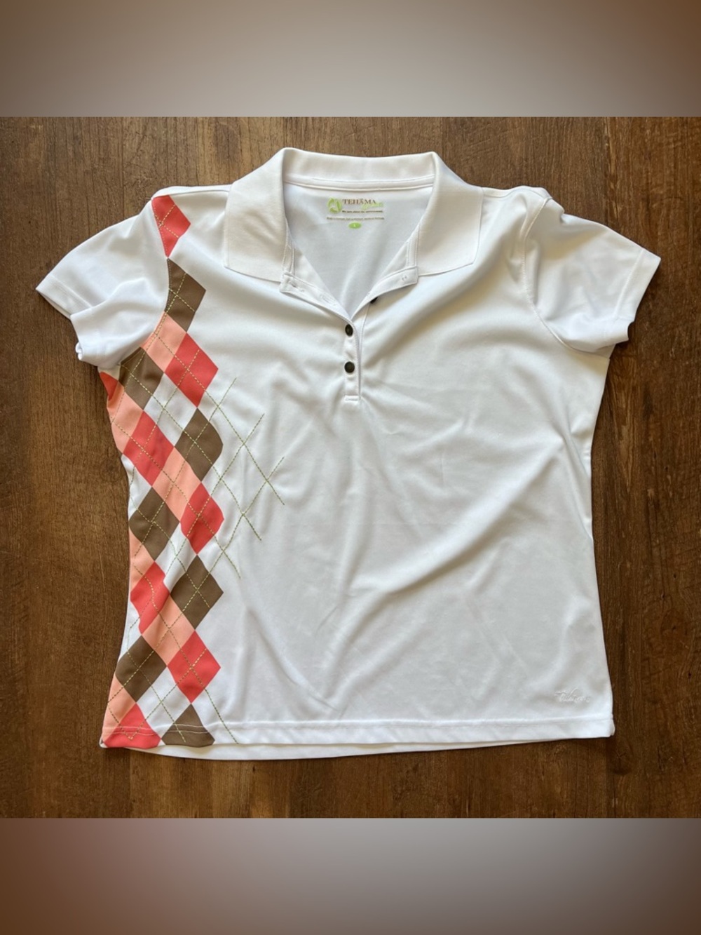 Tehama white argyle design polo golf shirt women’s size large Flat pit
